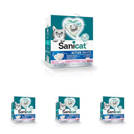 Sanicat Klumpstreu Active White mit Lotusblumenduft Hergestellt aus natürlichen Mineralien mit garantierter Geruchsbindung Absorbiert die Feuchtigkeit und erleichtert die Reinigung Packungsgröße 6l