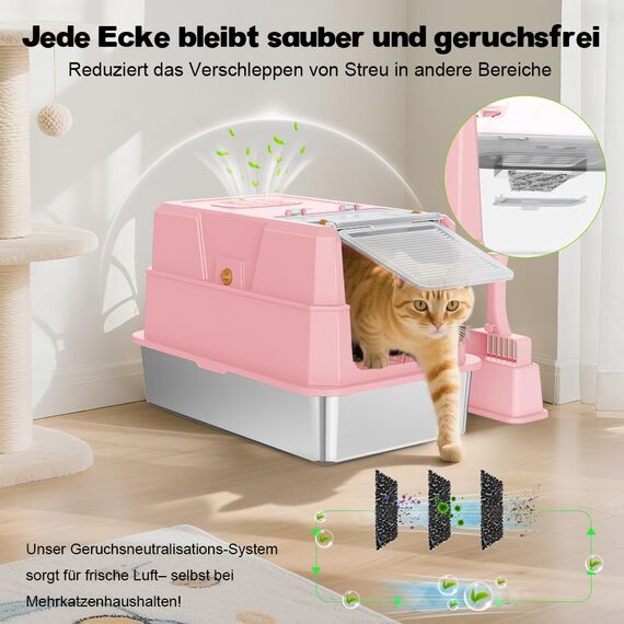SZEE XL Edelsthal Katzenklo mit 180° Klappdeckel, Große Geschlossene Katzentoilette Edelstahl mit Deckel, Stainless Steel Cat Litter Box with Scoop-59x38x38cm, Rosa
