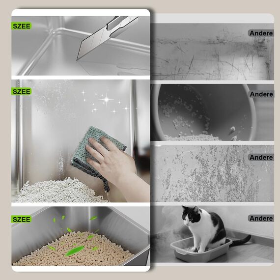 SZEE XL Edelsthal Katzenklo mit 180° Klappdeckel, Große Geschlossene Katzentoilette Edelstahl mit Deckel, Stainless Steel Cat Litter Box with Scoop-59x38x38cm, Weiß