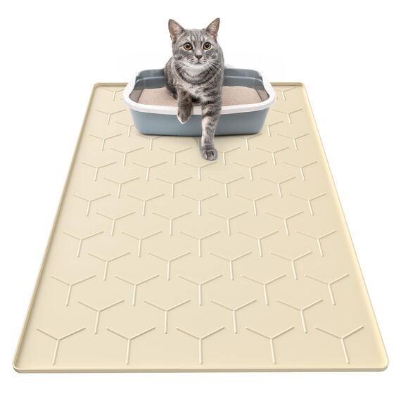 Garoopion Katzenklo Matte, 86x56cm Silikon Katzenstreu Matte Groß, wasserdichte Katzenmatte Katzenklo Unterleger, Katzenstreumatte, Leicht zu Reinigen, Beige