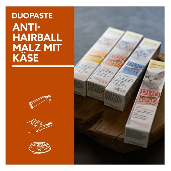 GimCat Duo Paste Anti-Hairball Malz und Käse - Katzensnack fördert den Abgang verschluckter Haare - 1 Tube (1 x 50 g)