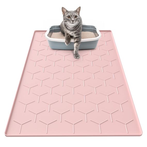 Garoopion Katzenklo Matte, 86x56cm Silikon Katzenstreu Matte Groß, wasserdichte Katzenmatte Katzenklo Unterleger, Katzenstreumatte, Leicht zu Reinigen, Rosa