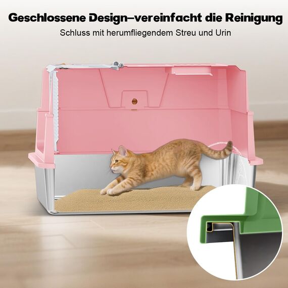 SZEE XL Edelsthal Katzenklo mit 180° Klappdeckel, Große Geschlossene Katzentoilette Edelstahl mit Deckel, Stainless Steel Cat Litter Box with Scoop-59x38x38cm, Rosa