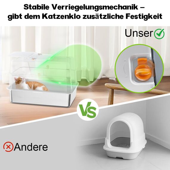 SZEE XL Edelsthal Katzenklo mit 180° Klappdeckel, Große Geschlossene Katzentoilette Edelstahl mit Deckel, Stainless Steel Cat Litter Box with Scoop-59x38x38cm, Weiß
