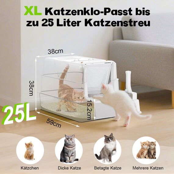 SZEE XL Edelsthal Katzenklo mit 180° Klappdeckel, Große Geschlossene Katzentoilette Edelstahl mit Deckel, Stainless Steel Cat Litter Box with Scoop-59x38x38cm, Weiß