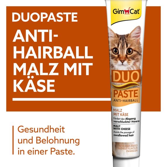 GimCat Duo Paste Anti-Hairball Malz und Käse - Katzensnack fördert den Abgang verschluckter Haare - 1 Tube (1 x 50 g)