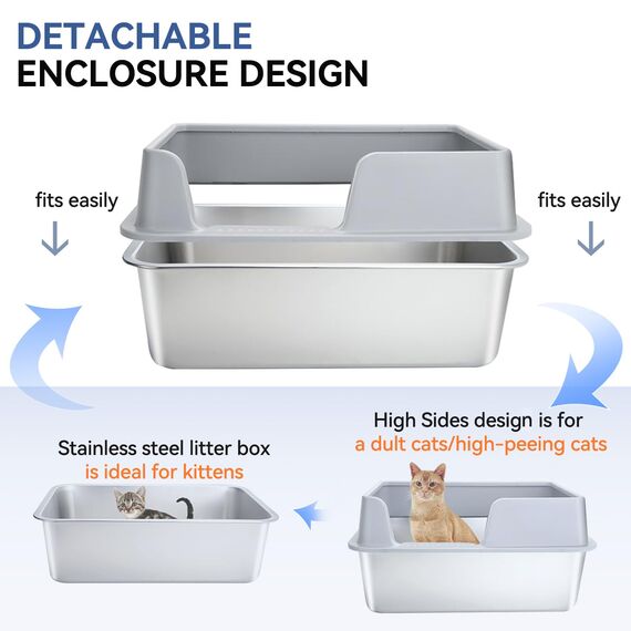 Katzenklo Edelstahl XXL, Stainless Steel Litter Box, Katzentoilette offene mit Metall Schaufel, Cat Litter Box hohem Rand, Katzentoilette Edelstahl, Katzenklo groß leicht zu reinigen-Grau