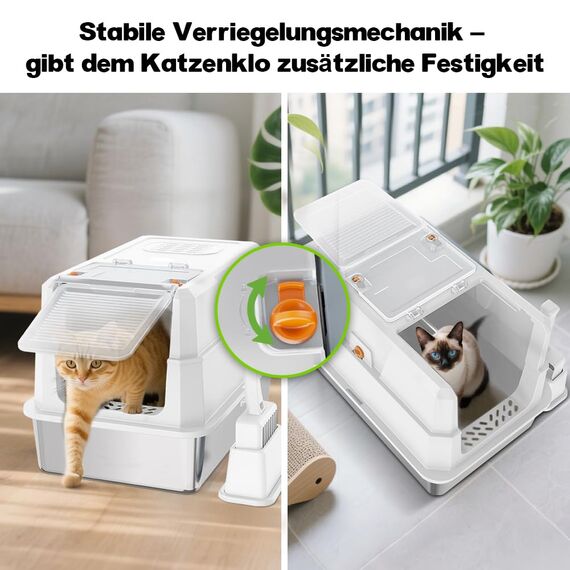 SZEE XL Edelsthal Katzenklo mit 180° Klappdeckel, Große Geschlossene Katzentoilette Edelstahl mit Deckel, Stainless Steel Cat Litter Box with Scoop-59x38x38cm, Weiß