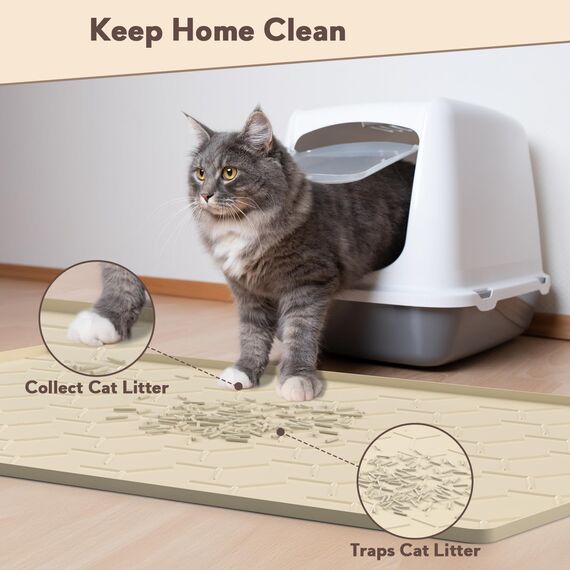 Garoopion Katzenklo Matte, 86x56cm Silikon Katzenstreu Matte Groß, wasserdichte Katzenmatte Katzenklo Unterleger, Katzenstreumatte, Leicht zu Reinigen, Beige