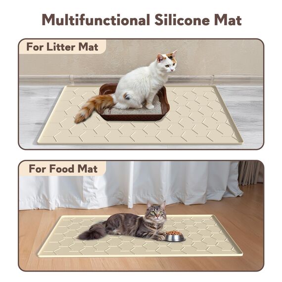 Garoopion Katzenklo Matte, 86x56cm Silikon Katzenstreu Matte Groß, wasserdichte Katzenmatte Katzenklo Unterleger, Katzenstreumatte, Leicht zu Reinigen, Beige