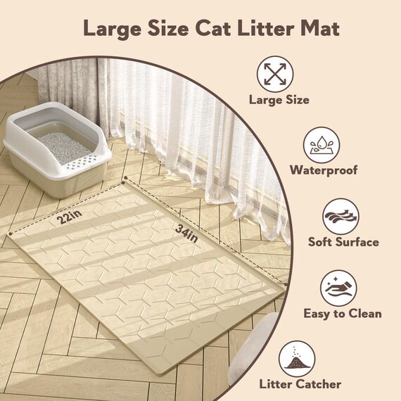 Garoopion Katzenklo Matte, 86x56cm Silikon Katzenstreu Matte Groß, wasserdichte Katzenmatte Katzenklo Unterleger, Katzenstreumatte, Leicht zu Reinigen, Beige