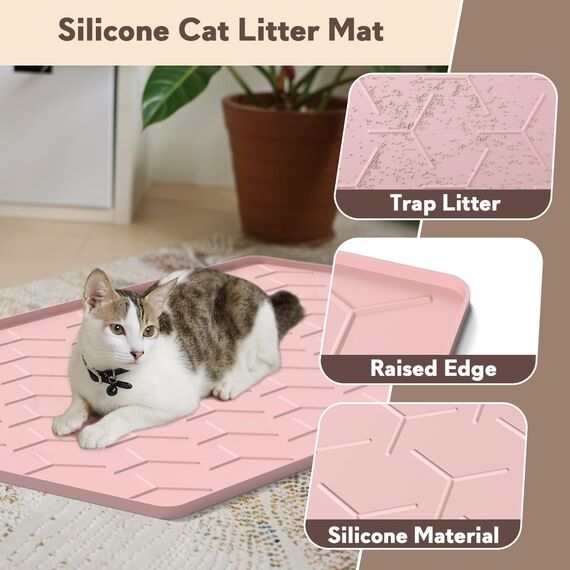 Garoopion Katzenklo Matte, 86x56cm Silikon Katzenstreu Matte Groß, wasserdichte Katzenmatte Katzenklo Unterleger, Katzenstreumatte, Leicht zu Reinigen, Rosa