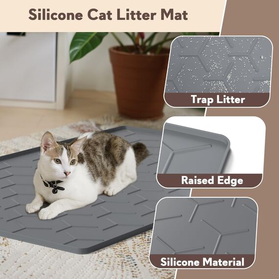 Garoopion Katzenklo Matte, 102x71cm Silikon Katzenstreu Matte Groß, wasserdichte Katzenmatte Katzenklo Unterleger, Katzenstreumatte, Leicht zu Reinigen, Dunkelgrau