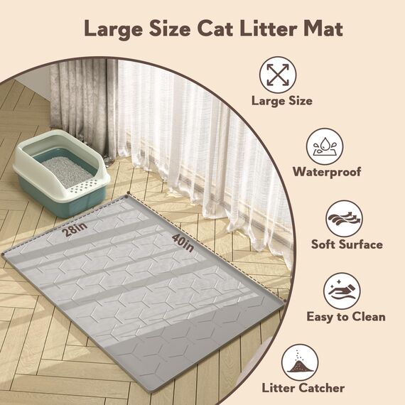 Garoopion Katzenklo Matte, 102x71cm Silikon Katzenstreu Matte Groß, wasserdichte Katzenmatte Katzenklo Unterleger, Katzenstreumatte, Leicht zu Reinigen, Grau