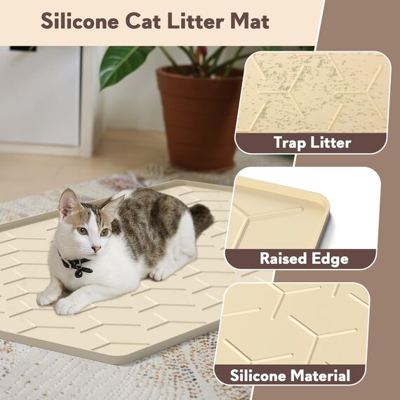 Garoopion Katzenklo Matte, 86x56cm Silikon Katzenstreu Matte Groß, wasserdichte Katzenmatte Katzenklo Unterleger, Katzenstreumatte, Leicht zu Reinigen, Beige