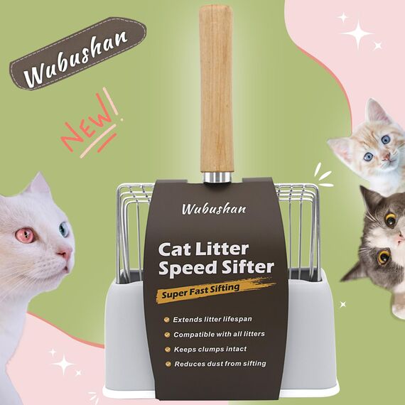 Wubushan Katzenstreuschaufel mit behälter, Katzenklo Schaufel Metall mit Halterung, Katzenstreu Schaufel mit holzgriff, Lochabstand 7mm, Länge 28cm, Litter Box Scoop, Cat Litter Scoop