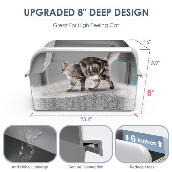 Suzzipaws 20,3 cm Tiefe Katzentoilette aus Edelstahl mit Deckel Extra große Katzentoilette für Großkatzen XL katzenklo aus Metall mit hohem Wandseitengehäuse, Nicht klebend, auslaufsicher