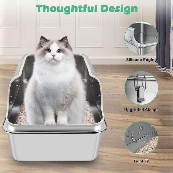 Katzenklo Edelstahl XXL, Stainless Steel Litter Box, Katzentoilette offene mit Metall Schaufel, Cat Litter Box hohem Rand, Katzentoilette Edelstahl, Katzenklo groß leicht zu reinigen(60x40x35cm)
