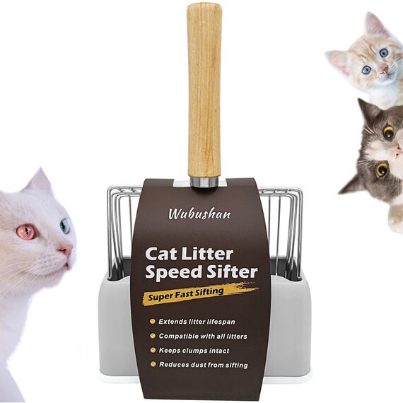 Wubushan Katzenstreuschaufel mit behälter, Katzenklo Schaufel Metall mit Halterung, Katzenstreu Schaufel mit holzgriff, Lochabstand 7mm, Länge 28cm, Litter Box Scoop, Cat Litter Scoop