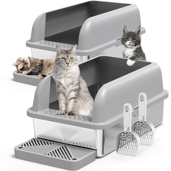 Suzzipaws XL Katzenklo Edelstahl, Geschlossene Katzentoilette mit Deckel und Hochwand, große Metall-Katzentoilette mit Anti-Auslauf, Nicht-Klebrig, einfache Reinigung, 6" Tiefe, 2er Pack
