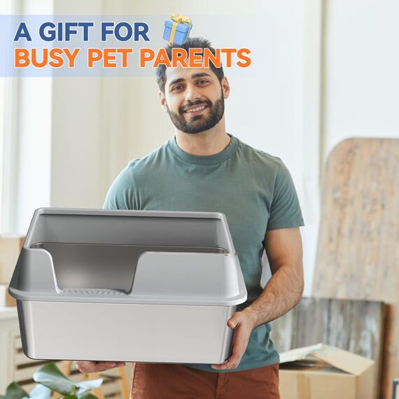 Katzenklo Edelstahl XXL, Stainless Steel Litter Box, Katzentoilette offene mit Metall Schaufel, Cat Litter Box hohem Rand, Katzentoilette Edelstahl, Katzenklo groß leicht zu reinigen-Grau