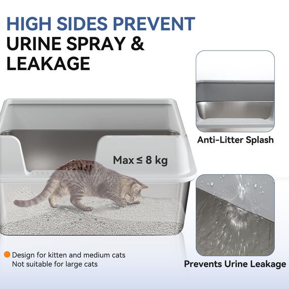 Katzenklo Edelstahl XXL, Stainless Steel Litter Box, Katzentoilette offene mit Metall Schaufel, Cat Litter Box hohem Rand, Katzentoilette Edelstahl, Katzenklo groß leicht zu reinigen-Grau