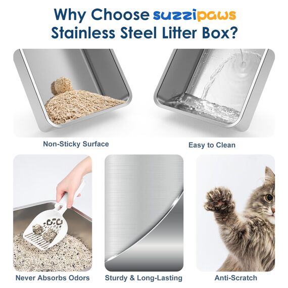 Suzzipaws 20,3 cm Tiefe Katzentoilette aus Edelstahl mit Deckel Extra große Katzentoilette für Großkatzen XL katzenklo aus Metall mit hohem Wandseitengehäuse, Nicht klebend, auslaufsicher