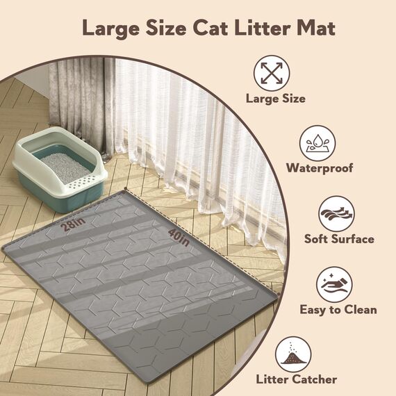Garoopion Katzenklo Matte, 102x71cm Silikon Katzenstreu Matte Groß, wasserdichte Katzenmatte Katzenklo Unterleger, Katzenstreumatte, Leicht zu Reinigen, Dunkelgrau