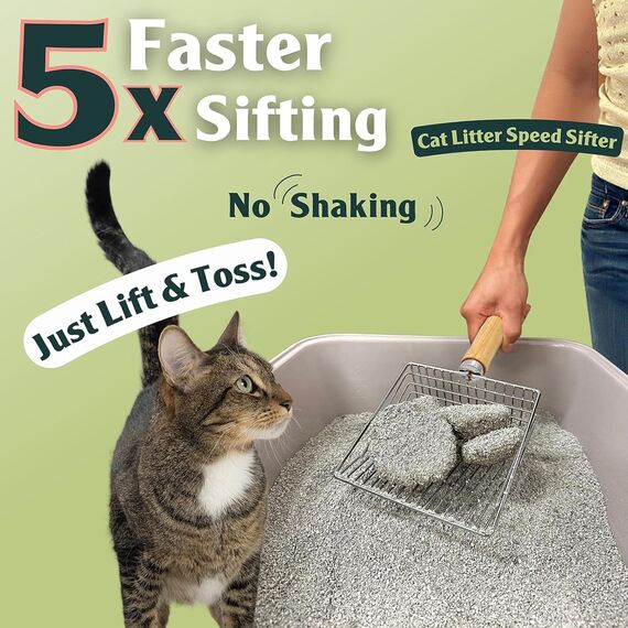 Wubushan Katzenstreuschaufel mit behälter, Katzenklo Schaufel Metall mit Halterung, Katzenstreu Schaufel mit holzgriff, Lochabstand 7mm, Länge 28cm, Litter Box Scoop, Cat Litter Scoop