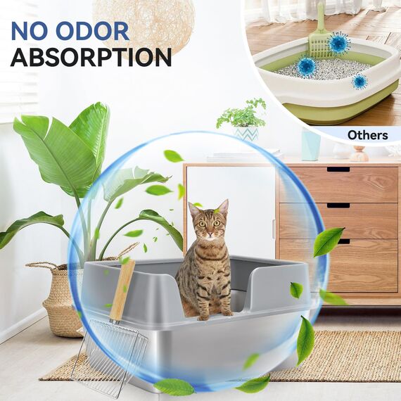 Katzenklo Edelstahl XXL, Stainless Steel Litter Box, Katzentoilette offene mit Metall Schaufel, Cat Litter Box hohem Rand, Katzentoilette Edelstahl, Katzenklo groß leicht zu reinigen-Grau