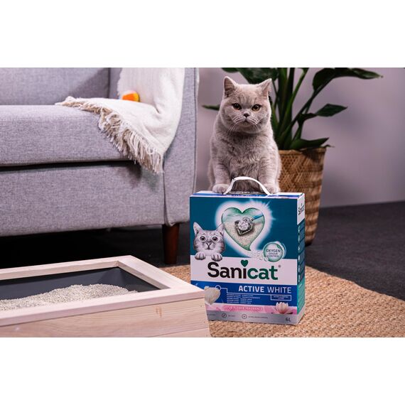 Sanicat Klumpstreu Active White mit Lotusblumenduft Hergestellt aus natürlichen Mineralien mit garantierter Geruchsbindung Absorbiert die Feuchtigkeit und erleichtert die Reinigung Packungsgröße 6l