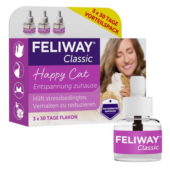 FELIWAY Classic 3x30 Tage Vorteilspack für Pheromon Verdampfer, 3x48ml - Hilft Anzeichen von Stress bei Katzen und Kitten zu reduzieren, von Tierärzten empfohlen, klinisch getestet