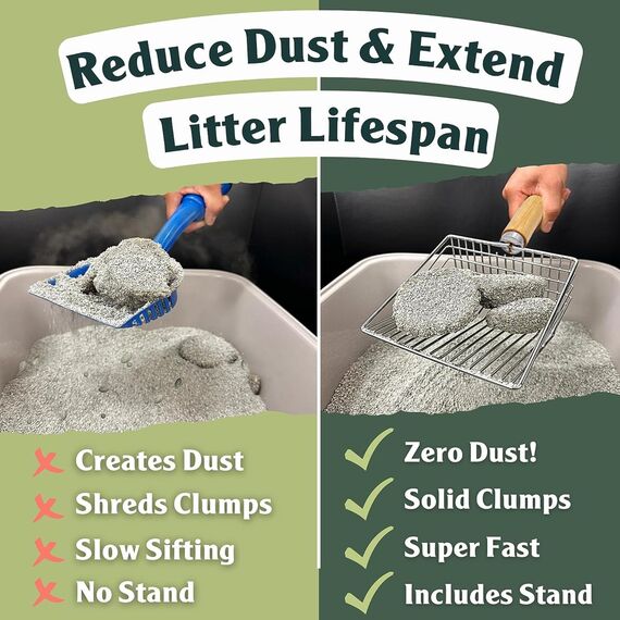 Wubushan Katzenstreuschaufel mit behälter, Katzenklo Schaufel Metall mit Halterung, Katzenstreu Schaufel mit holzgriff, Lochabstand 7mm, Länge 28cm, Litter Box Scoop, Cat Litter Scoop