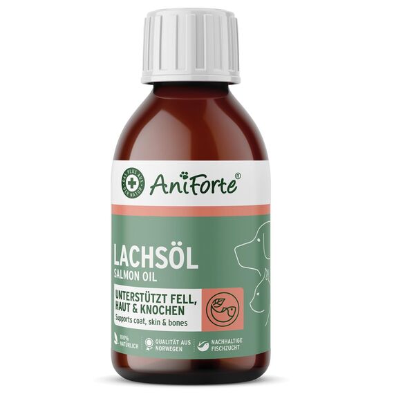 AniForte Lachsöl für Katzen & Hunde 100ml - Natur Fischöl aus Norwegen, reich an Omega 3, frisch abgefüllt in Deutschland, Ergänzungsmittel für Katzen ohne Zusätze, einfache Tropfdosierung
