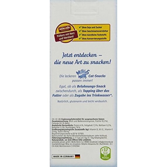 animonda Milkies Katzensnack mit Milch - Cups Harmony (20 Cups à 15 g), leicht verdauliche Katzenmilch für Erwachsene Katzen, Milch-Snack ohne Soja und Zucker