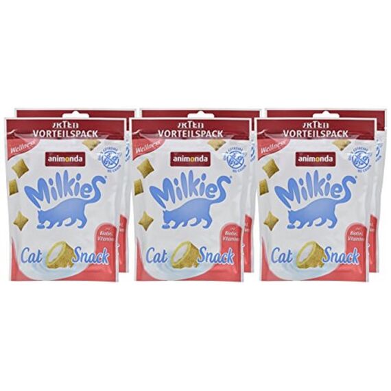 animonda Milkies Katzensnack mit Milch - Knusperkissen Wellness (6 x 120g), getreidefreie Katzenleckerli Milch Katzensnacks für Erwachsene Katzen