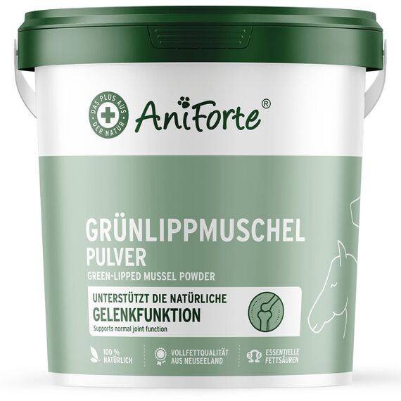 AniForte Grünlippmuschelpulver für Hunde & Pferde 1kg - Natürliches Grünlippmuschel Pulver in Vollfettqualität, Omega 3 & 6 Fettsäuren, Glycosaminoglycane 3,3%, unterstützt Gelenke & Gelenkfunktion