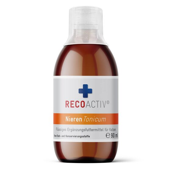 RECOACTIV Nieren Tonicum für Katzen, 1 x 90 ml, bei Anzeichen Einer Nierenfunktionsstörung, in der Rekonvaleszenz und zur Prophylaxe. Hochwertiges Protein, Appetit anregendes Ergänzungsfuttermittel