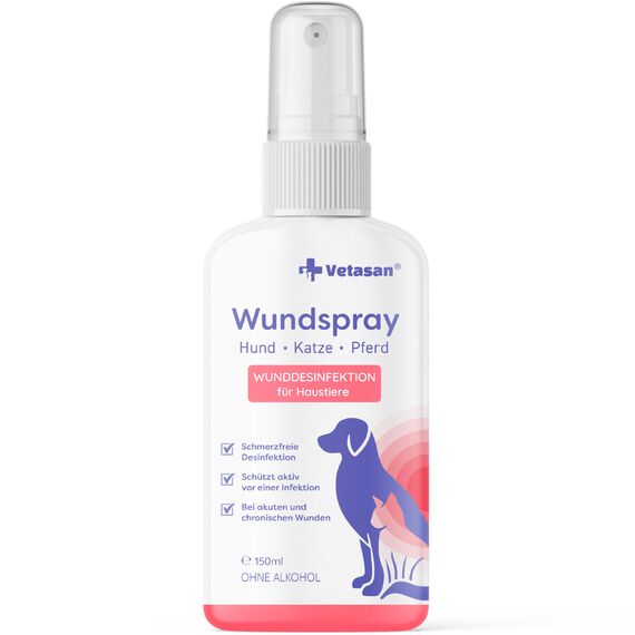 Vetasan Wundspray für Hunde & Katzen 150ml I Wunddesinfektion Katze I Für Haut und Pfoten I OHNE Alkohol & CHLOR I Desinfektionsmittel Tiere