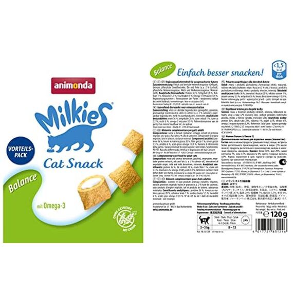 animonda Milkies Katzensnack mit Milch - Knusperkissen Balance (6 x 120g), getreidefreie Katzenleckerli Milch Katzensnacks für Erwachsene Katzen