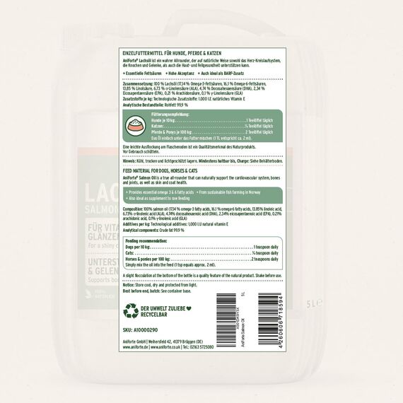 AniForte Lachsöl für Hunde & Pferde 5 Liter - Premium Natur Fischöl aus Norwegen reich an Omega 3 & 6, Futter Ergänzung, Barf Öl für Hunde ohne Zusätze, frisch abgefüllt in Deutschland