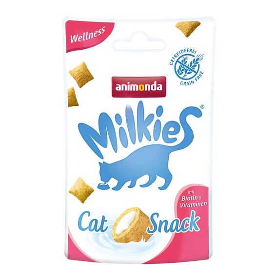 animonda Milkies Katzensnack mit Milch - Knusperkissen Wellness (12 x 30g), getreidefreie Katzenleckerli Milch Katzensnacks für Erwachsene Katzen