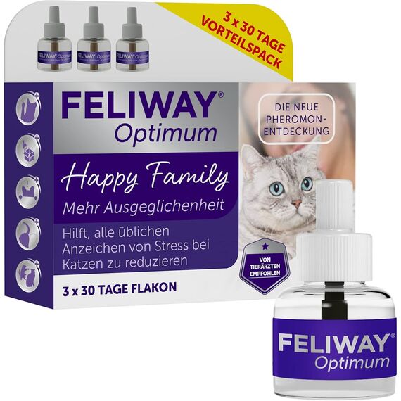 FELIWAY Optimum 3x30 Tage Vorteilspack für Pheromon Verdampfer, 3x48ml - Hilft Anzeichen von Stress bei Katzen und Kitten zu reduzieren, von Tierärzten empfohlen, klinisch getestet, für mehr Harmonie
