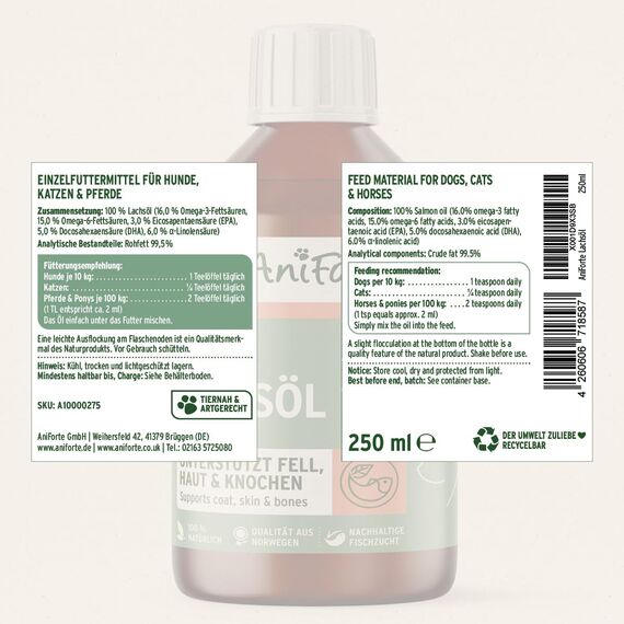 AniForte Natur Lachsöl für Hunde & Katzen 250 ml mit Omega 3 – Norwegisches, natürliches Lachsöl für Haut & Haar, Lachsöl für Hunde & Katzen, ohne künstliche Zusätze