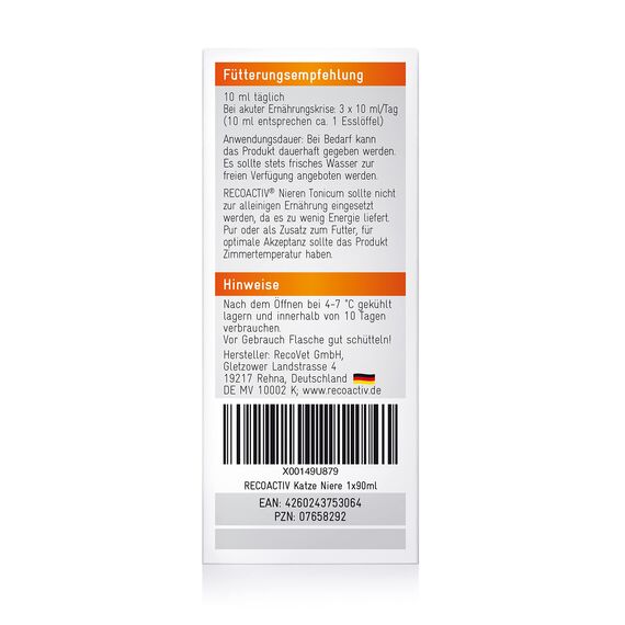 RECOACTIV Nieren Tonicum für Katzen, 1 x 90 ml, bei Anzeichen Einer Nierenfunktionsstörung, in der Rekonvaleszenz und zur Prophylaxe. Hochwertiges Protein, Appetit anregendes Ergänzungsfuttermittel