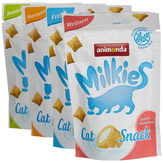 animonda Milkies Katzensnack mit Milch - Knusperkissen Selection Mixpack (6 x 30g), getreidefreie Katzenleckerli Milch Katzensnacks für Erwachsene Katzen