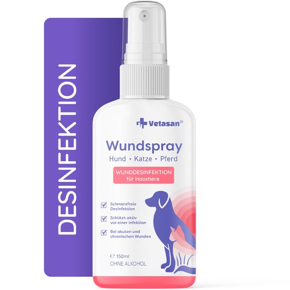Vetasan Wundspray für Hunde & Katzen 150ml I Wunddesinfektion Katze I Für Haut und Pfoten I OHNE Alkohol & CHLOR I Desinfektionsmittel Tiere