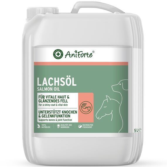 AniForte Lachsöl für Hunde & Pferde 5 Liter - Premium Natur Fischöl aus Norwegen reich an Omega 3 & 6, Futter Ergänzung, Barf Öl für Hunde ohne Zusätze, frisch abgefüllt in Deutschland