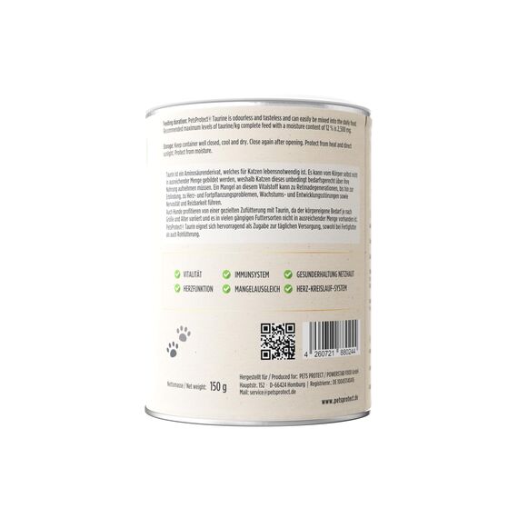 Pets Protect 100% reines TAURIN-Pulver für Katzen & Hunde 150 g | Gesunderhaltung Netzhaut & Organfunktion | Immunsystem & Stoffwechsel | Stärkung von Herzkreislaufsystem | Deutsche Herstellung