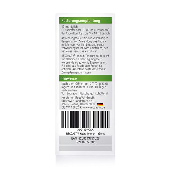 RECOACTIV Immun Tonicum für Katzen - 1 x 90 ml - Diät-Ergänzungsfuttermittel & Appetitanreger zur Anwendung bei Untergewicht, Mangelerscheinungen, gestörter Nahrungsaufnahme und in der Rekonvaleszenz